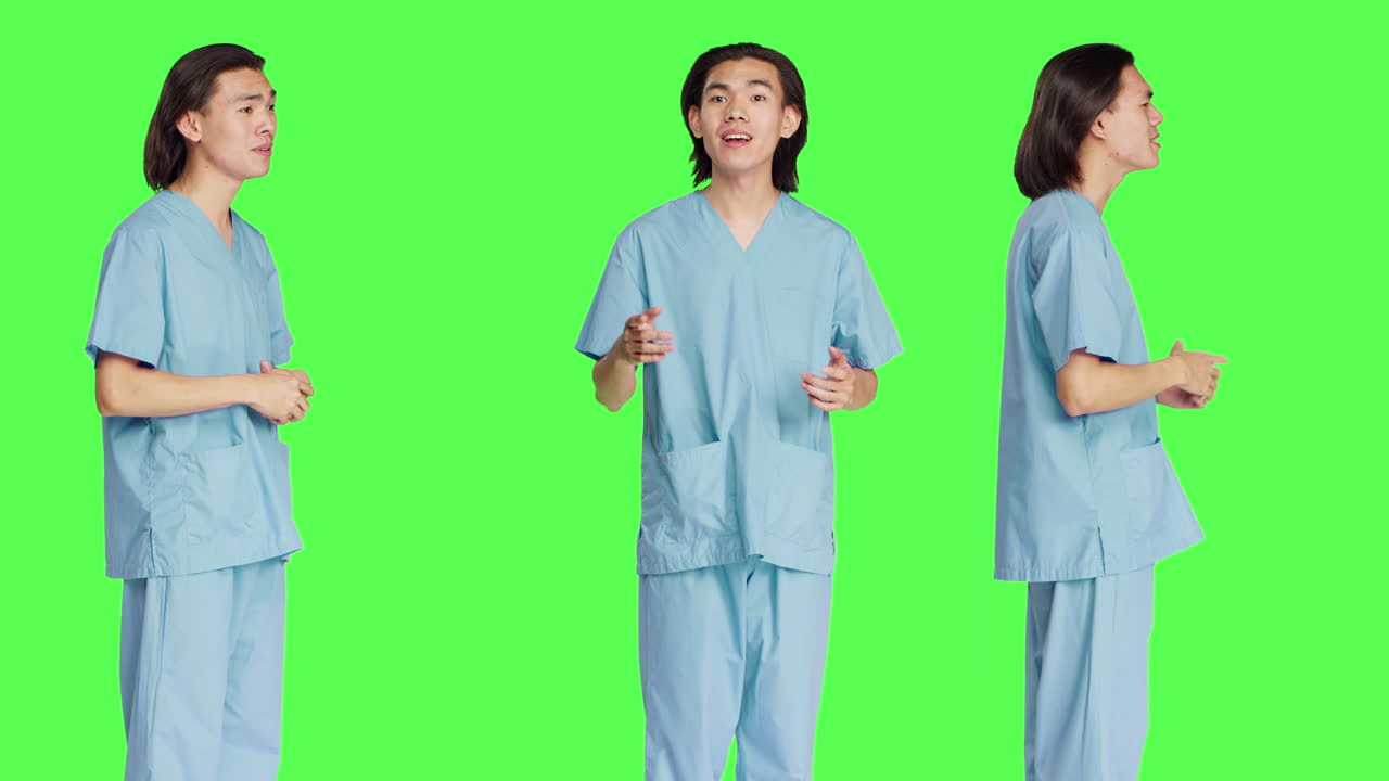 카메라 앞에서 손을 흔드는 친절한 간호사