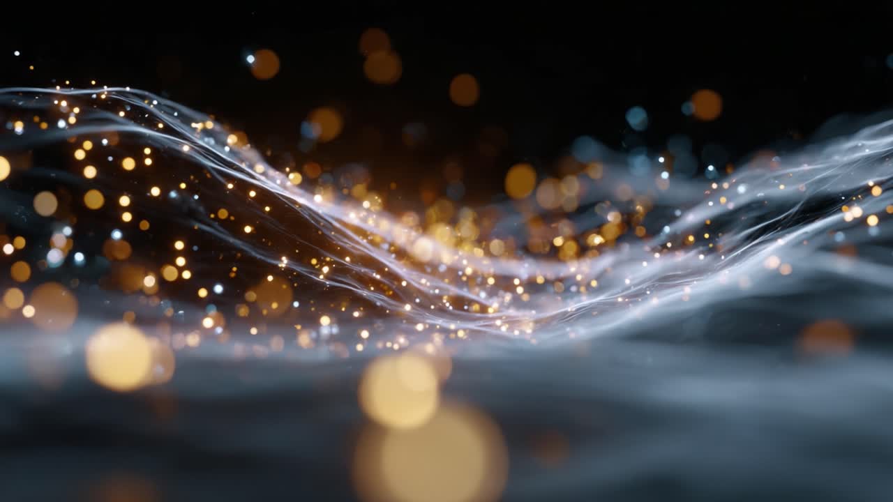 Um espetáculo visual etéreo de ondas de luz brilhantes e partículas cintilantes, criando um efeito hipnotizante de movimento e profundidade em um plano de fundo escuro.
