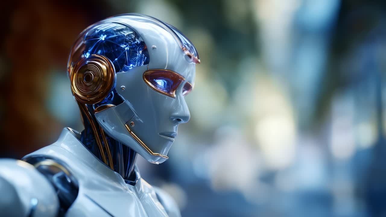 Un personaggio Android futuristico con un design elegante e caratteristiche innovative in uno sfondo luccicante pieno di tecnologia innovativa e futurismo