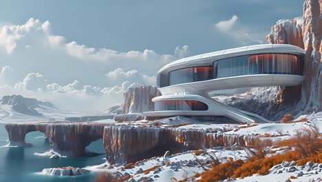 futuristic architectural marvel on a snowy alien cliffside