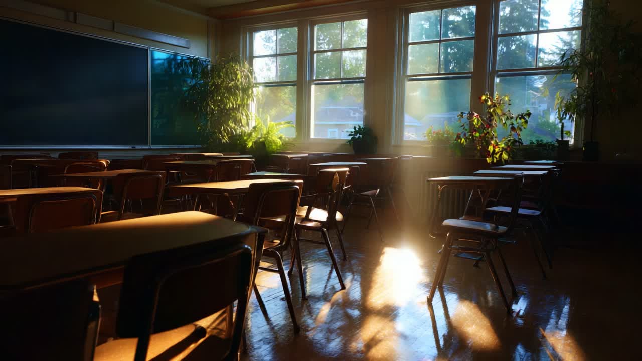 Un'aula serena immersa in una luce calda, con file di banchi e rigogliose piante verdi illuminate dalla delicata luce del sole mattutino