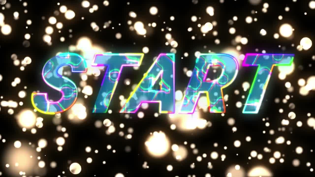 animación digital del banner de texto de inicio sobre manchas amarillas brillantes flotando contra un fondo negro