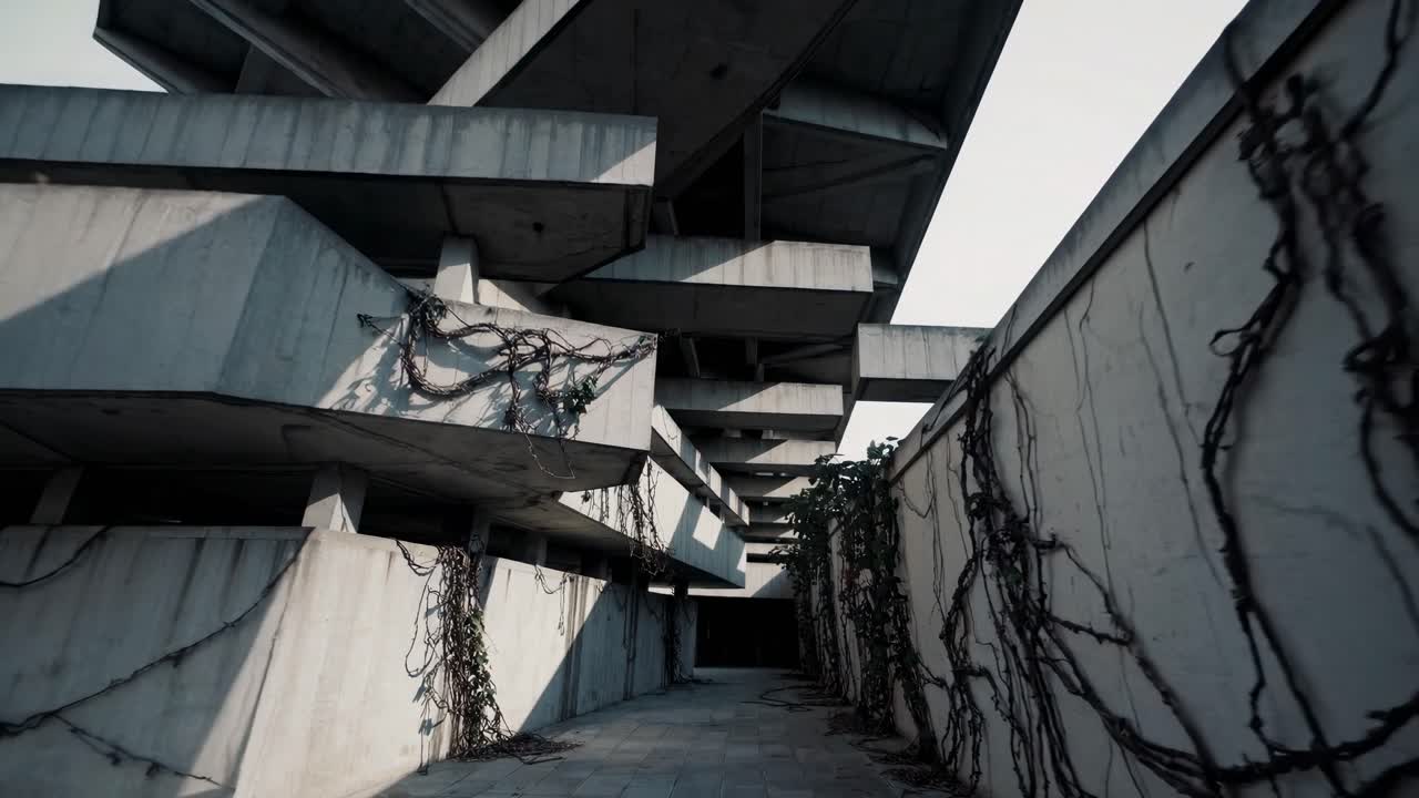 Un fermo immagine video di architettura brutalista, ripreso dal basso, che evidenzia le linee geometriche.