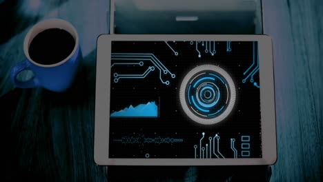 animation of motherboard and circular scanner processing data on screen of tablet on desk