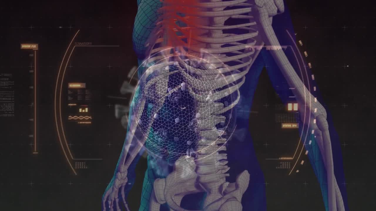 대형 코로나바이러스 코로나19 세포의 애니메이션은 인체의 골격 위에서 분석되었습니다.