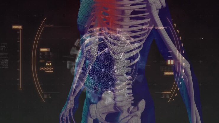 Animation of macro coronavirus Covid-19 cell analyzed over a the skeleton of a human body