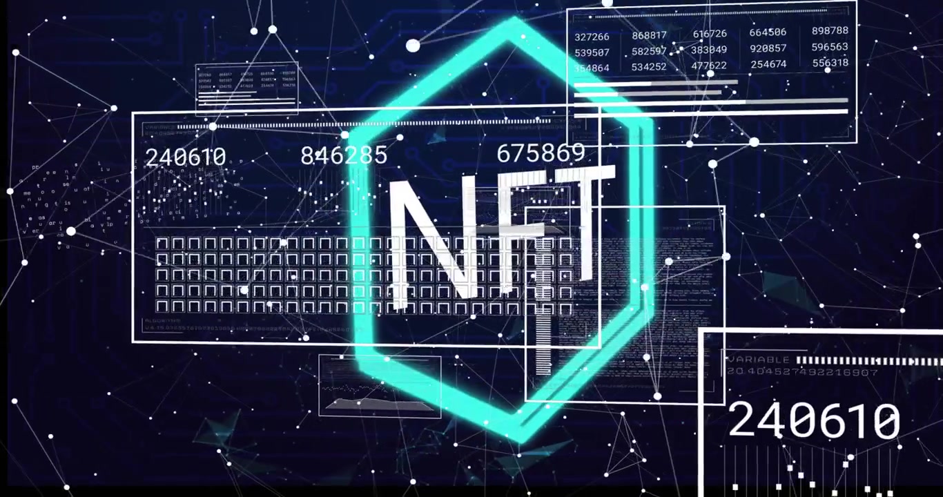 Turquoise beam sweeping network activating panels updating as hexagon rotating forming NFT