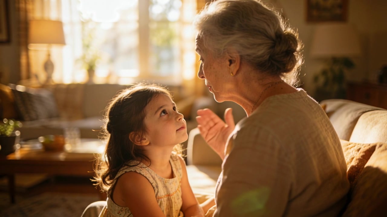 Nonna che alza la mano raccontando una storia, la nipote che ascolta sul divano di casa, con un bagliore solare dell'obiettivo.