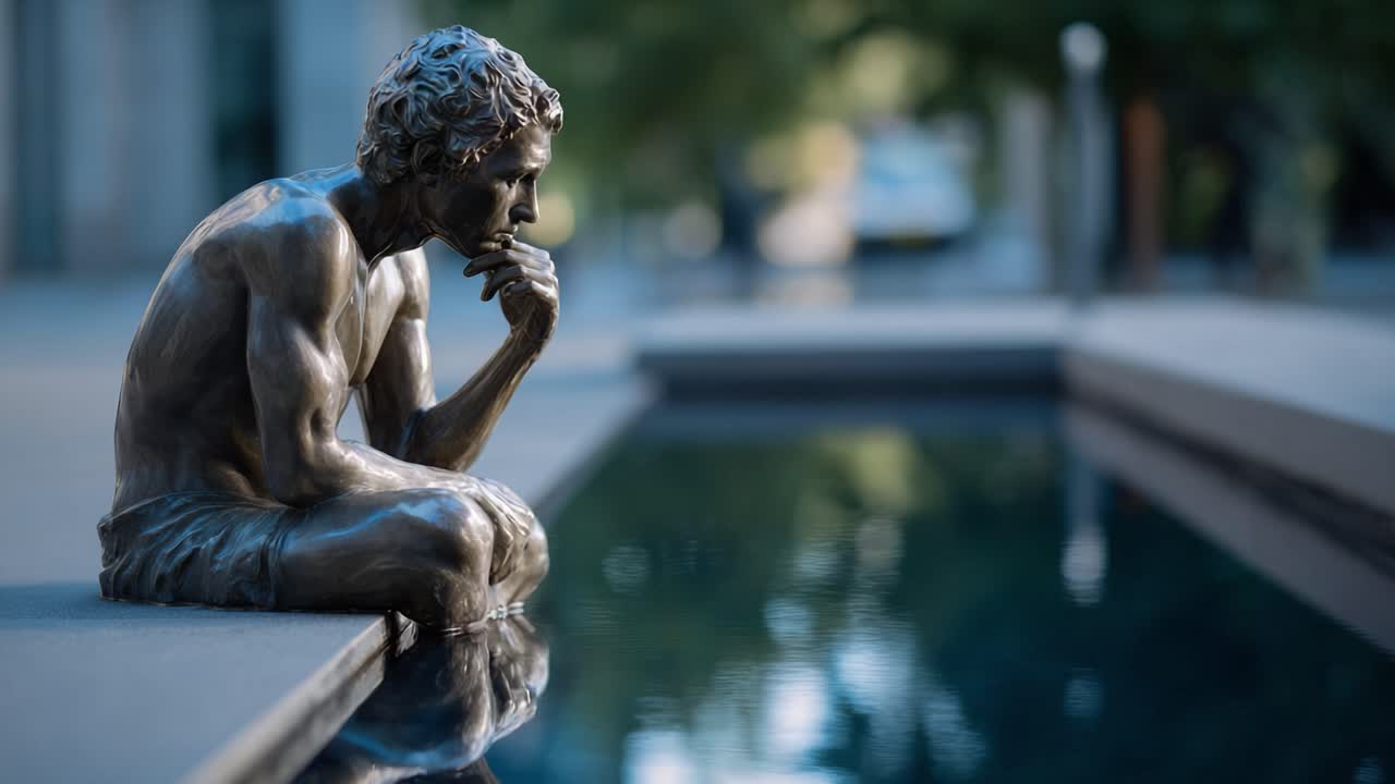 A Thoughtful Bronze Sculpture Reflects Deep Contemplation by a Tranquil Poolside, Capturing the Essence of Human Emotion and Introspection in Stunning Detail