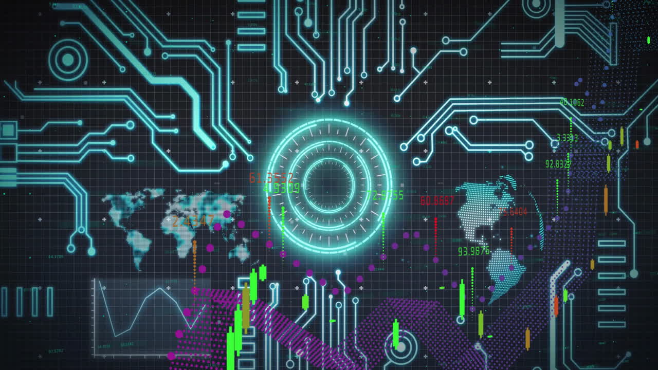 Animation of futuristic digital interface with circuit patterns and financial data