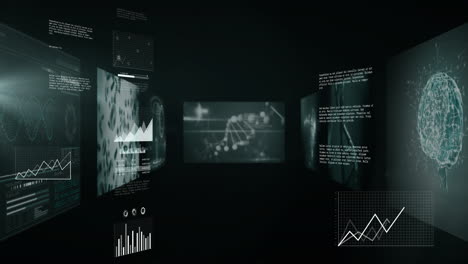 graphs and data charts animation over scientific research and analysis background