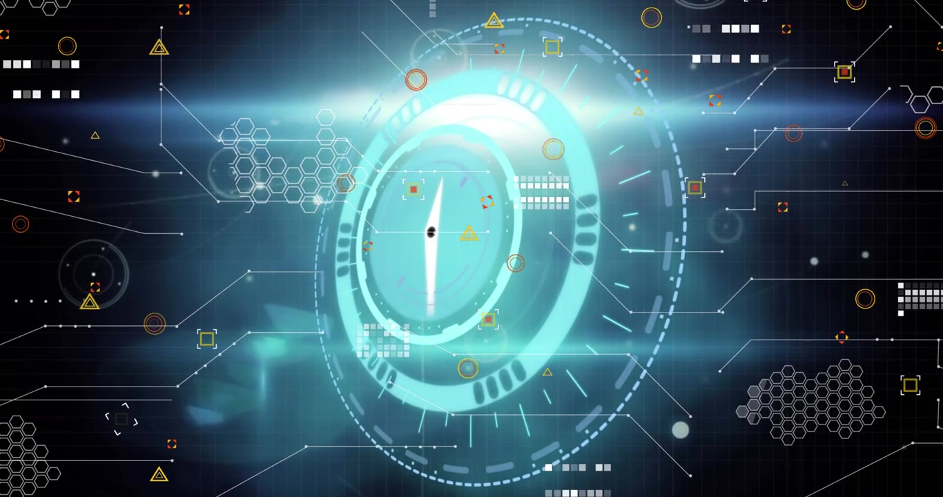 Animation einer tickenden Neonuhr und eines runden Scanners über einem Netzwerk von Verbindungen und Datenverarbeitung.
