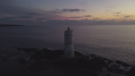 establisher static cinematic shot of lonely offshore lighthouse shining at dusk