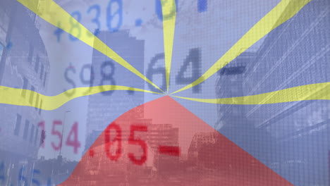 animation of flag of reunion over stock market and cityscape