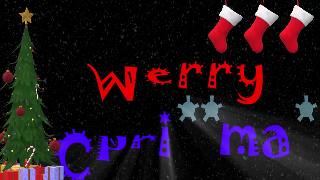 movimiento parpadeante de texto de feliz navidad en un fondo nevado