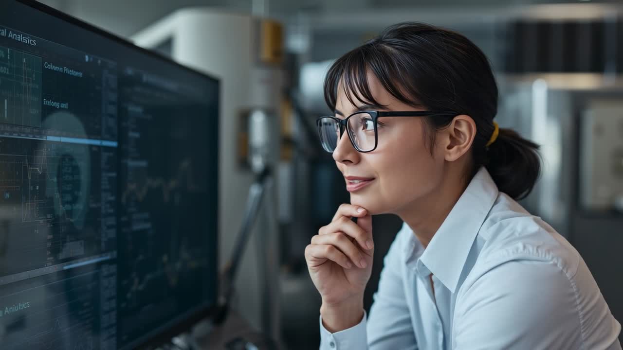 Reacting to data update, woman in light-blue shirt leaning, studying monitor at lab, eyeglasses