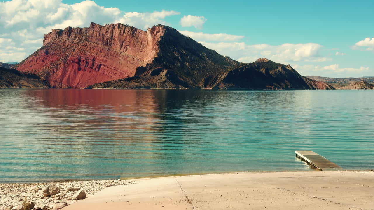 Boat Ramp By A Tranquil Mountain Lake. Pan Left Shot