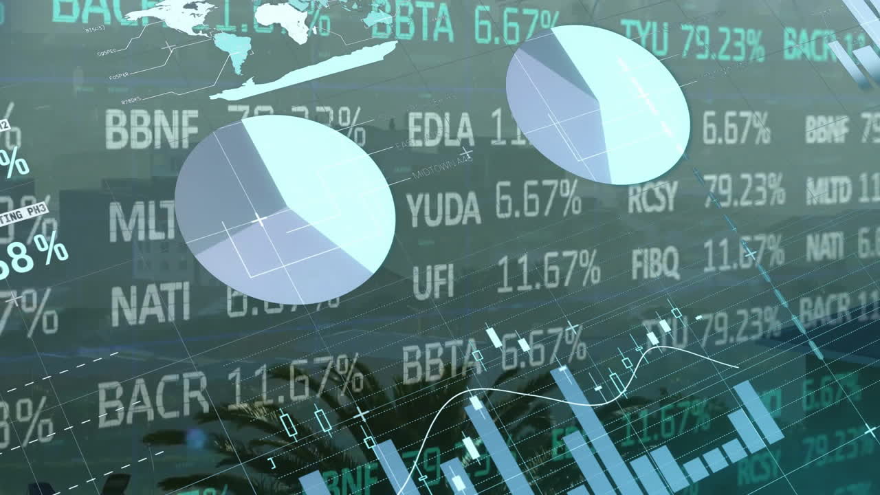 Animation of financial data processing over landscape background