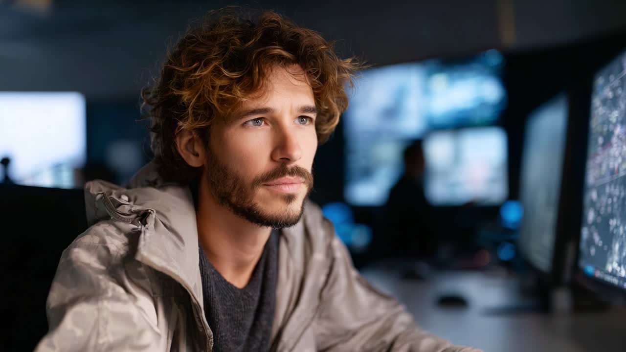 Persona concentrata e immersa nella tecnologia digitale, che analizza i dati su più monitor in un ambiente moderno e tecnologicamente avanzato, profondamente assorta nei suoi pensieri