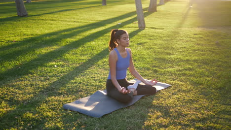 beautiful young woman sitting in lotus position on her yoga mat in meditation during sunrise in a grass park