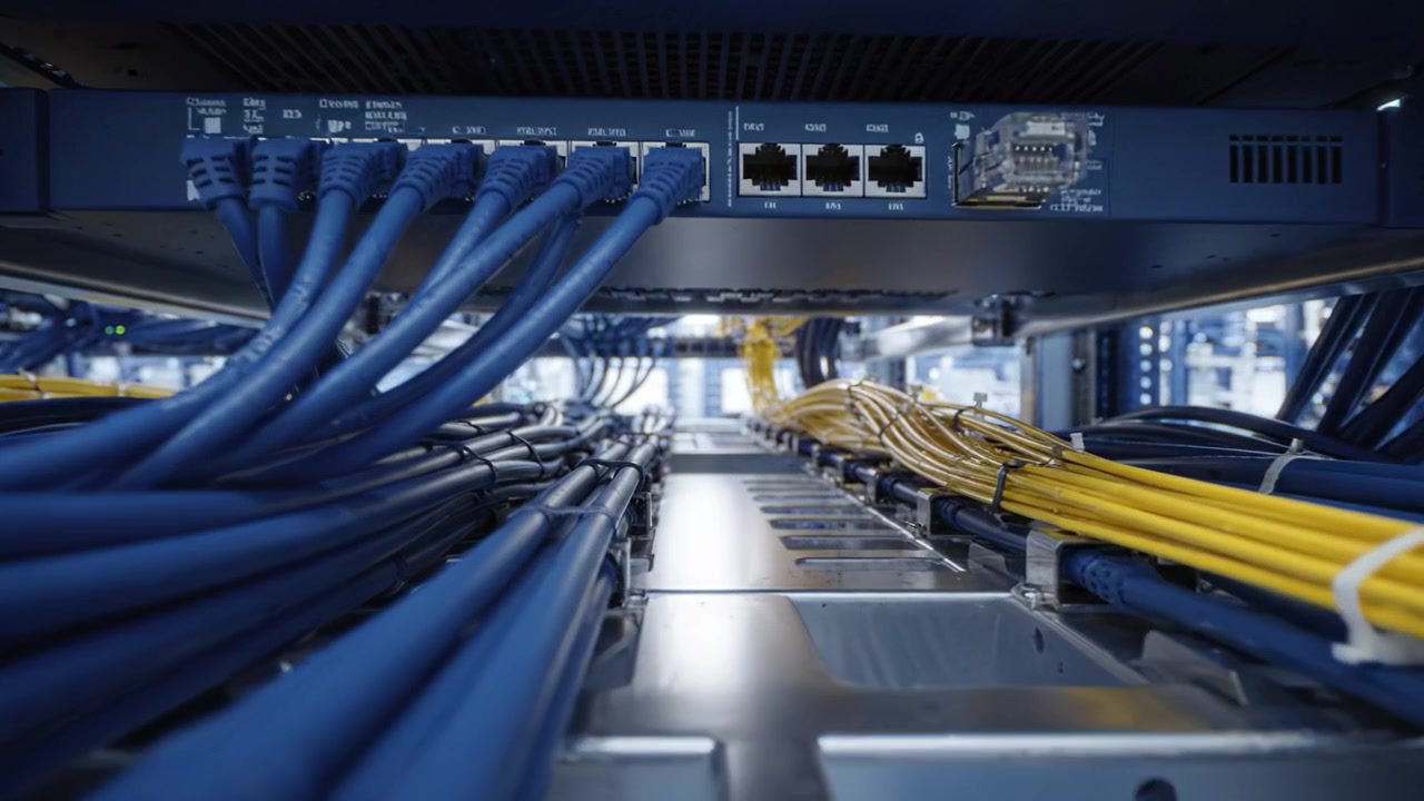 Detailed View of Network Infrastructure with Blue and Yellow Cables in a Modern Server Room Highlighting Data Connectivity and Organization