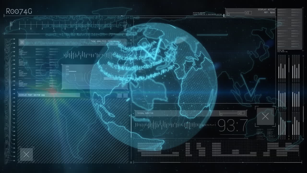Animation of chinese language on globe, changing numbers, loading bars and map