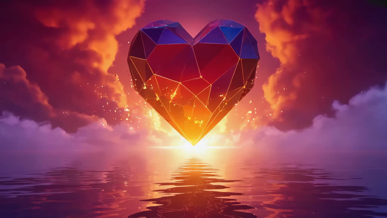 Geometric Glowing Heart Above Water at Sunset