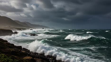 a dramatic coastal storm with turbulent waves amidst dark clouds and rocky shoreline, capturing nature's fury and serene beauty in dynamic motion