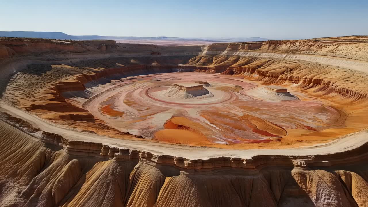 Descending drone surveying circular basin, revealing concentric rings, orange rippled dune, mesa