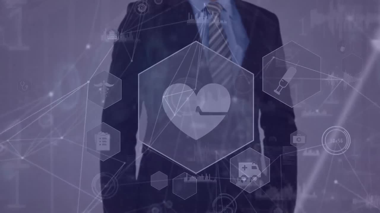 animación de la red de conexiones con iconos médicos sobre empresario caucásico usando pantalla