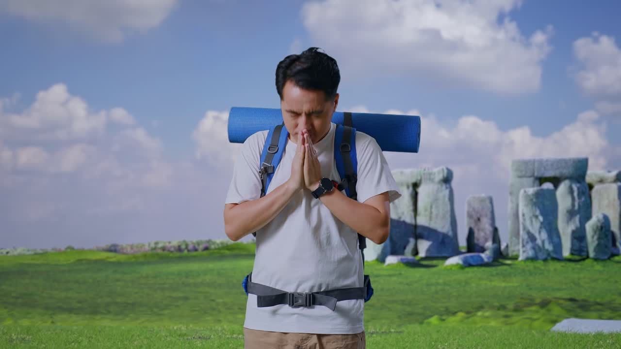 Asian Male Hiker With Mountaineering Backpack Pray For Something While Traveling In Stonehenge