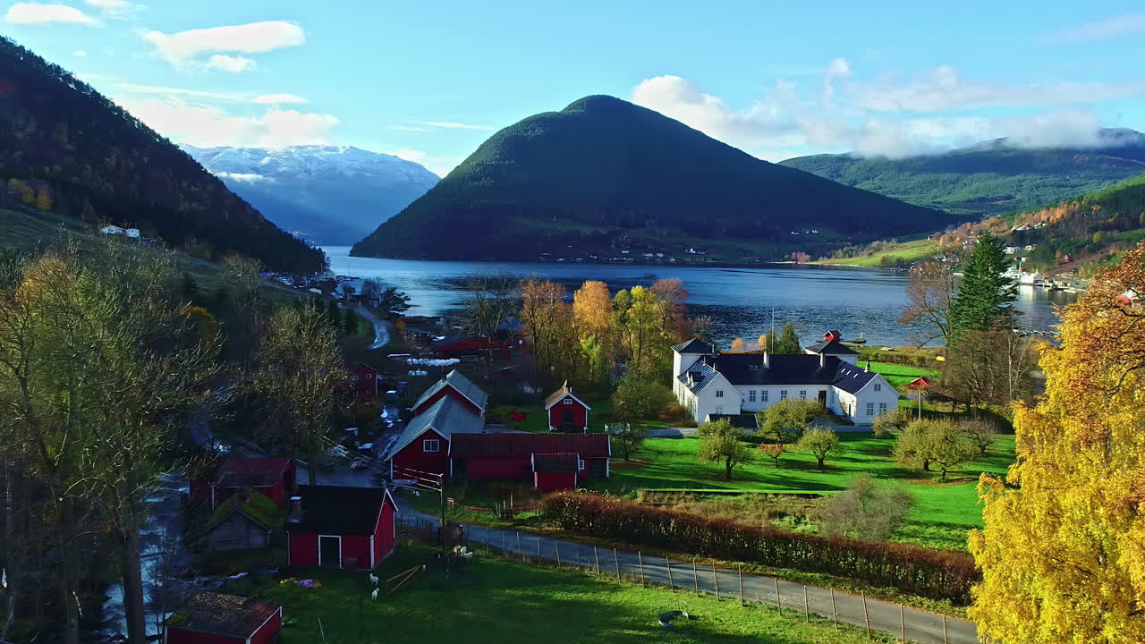 Bird's eye view of a landscape where a river flows into the fjord near a village in Norway