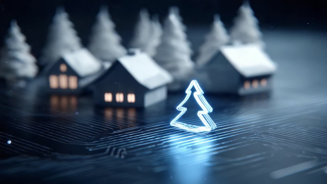 A Digital Christmas Wonderland: Captivating Scenes of Futuristic Holiday Decor with Glowing Christmas Trees and Miniature Houses Amidst a Circuit Board Background