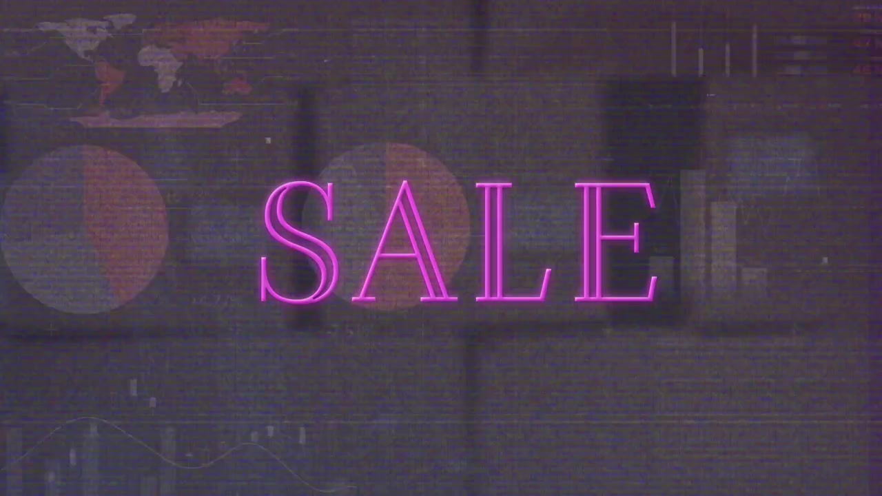 Animation of sale text and data processing over boxes