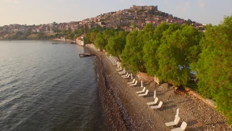 aerial: the town of molyvos on lesbos island during sunset