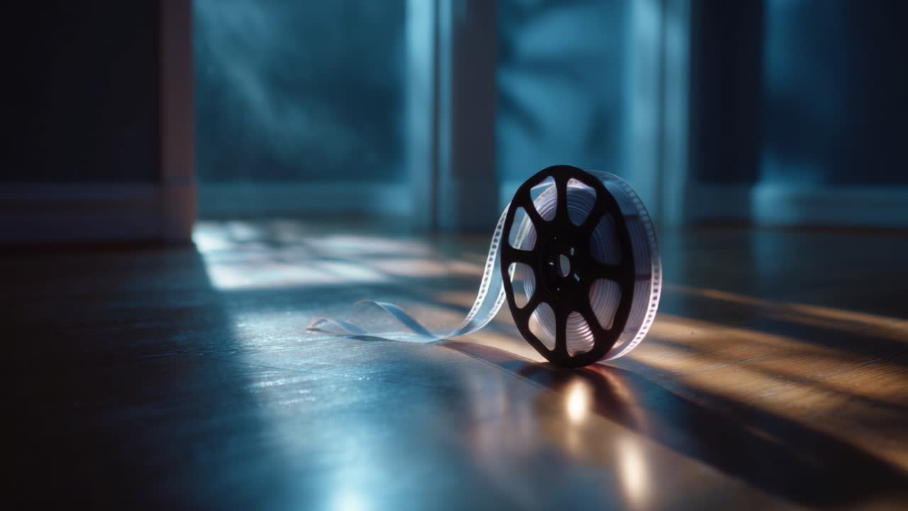 En filmisk rejse: Fængslende nærbillede af en filmrulle, der er oplyst af blødt lys på et rustikt trægulv, som fremkalder nostalgi og kreativitet i bevægelse
