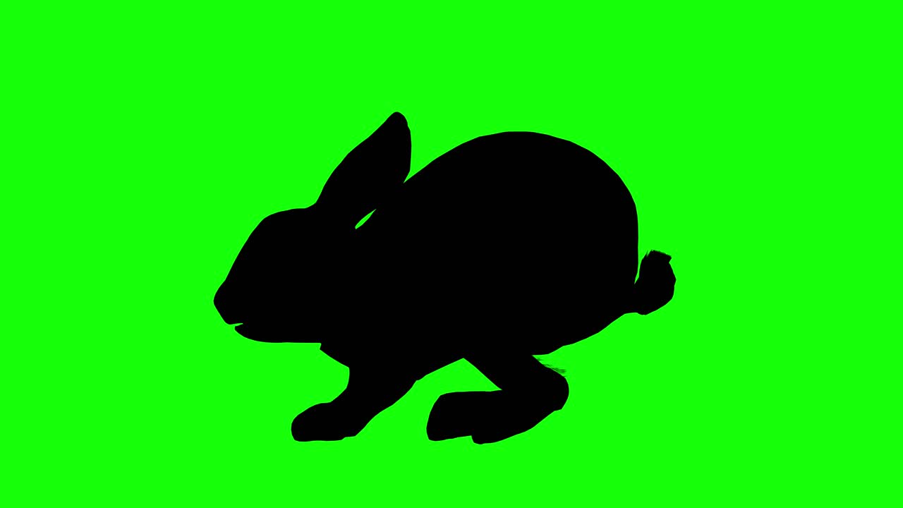 Silhouette of a rabbit hop jump, on green screen, side view. Animal silhouettes seamless loop 3D animation