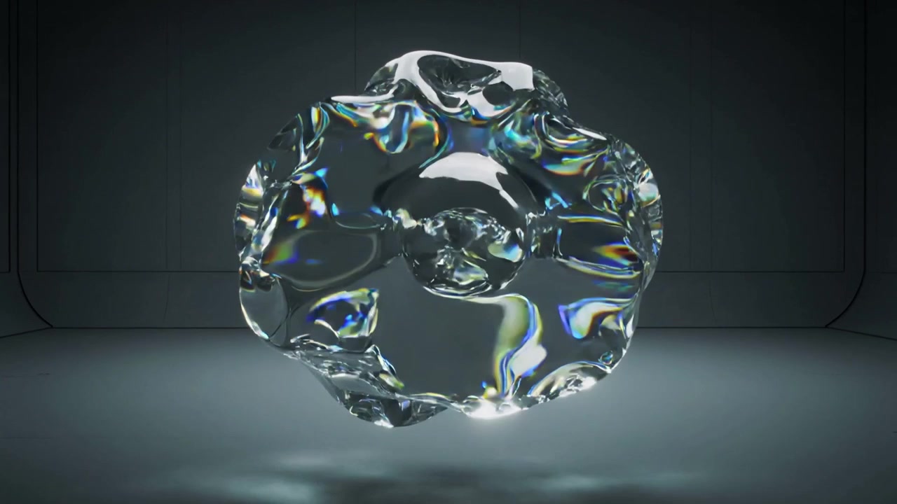 Rotating glassy orb morphing into folds for CGI test, studio chamber light causing prism fringes