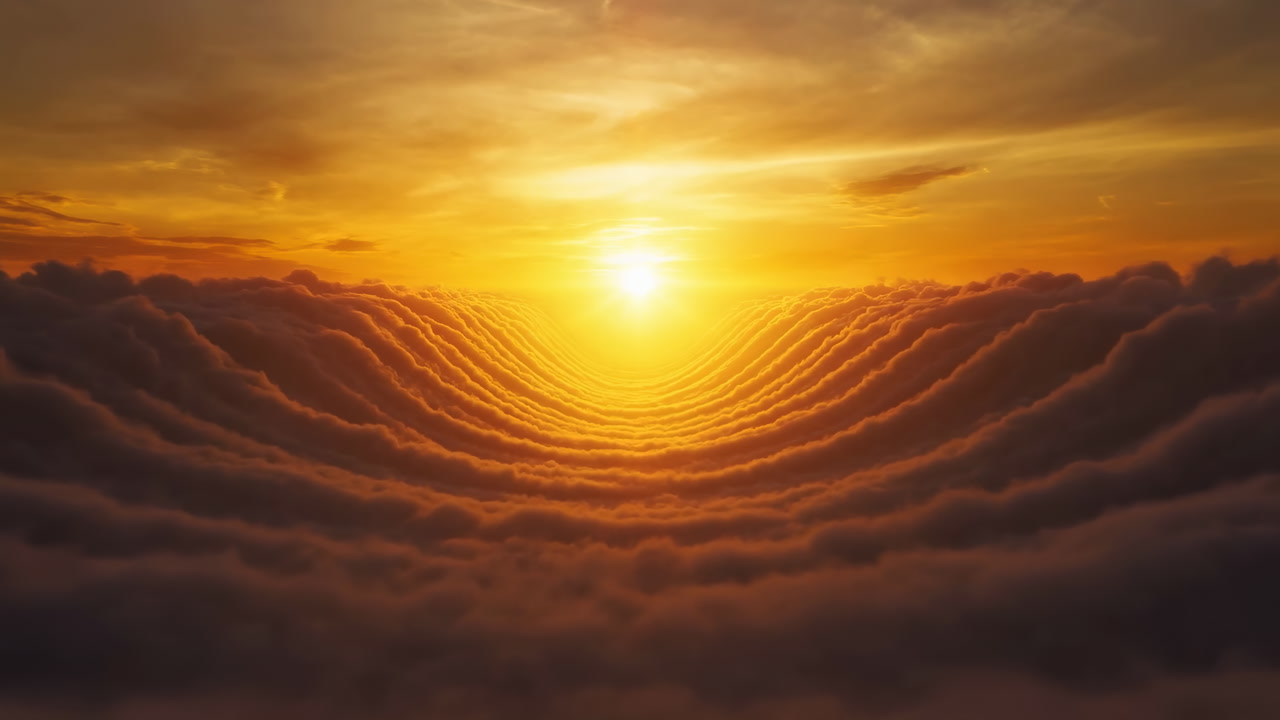 Golden Sunrise Above Rolling Cloudscape, Warm Sunlight Spilling Over Layered Clouds, Aerial Panorama With Soft