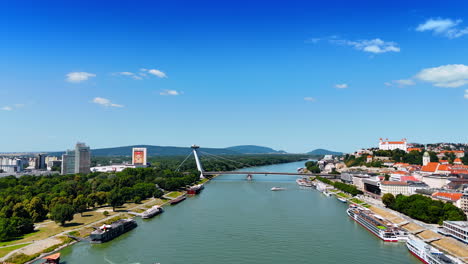 bratislava, slovakia - june 14, 2025: bratislava's danube view. a bright afternoon reveals bratislava's scenic skyline, featuring the danube river and bridges connecting the city