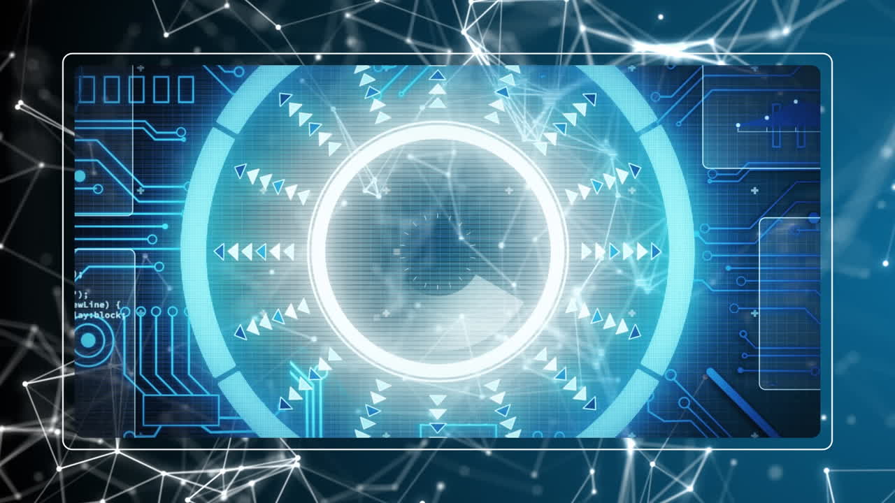 검은 바탕에 연결 네트워크를 통해 범위 스캐닝과 함께 데이터 처리의 애니메이션