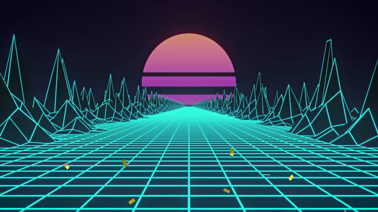 Glowing sunset illuminating retro futuristic landscape with grid lines in animation