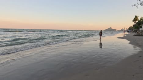 person walking along the beach at dusk