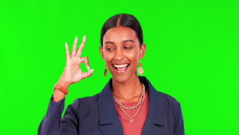 okay hands, face and green screen of happy woman