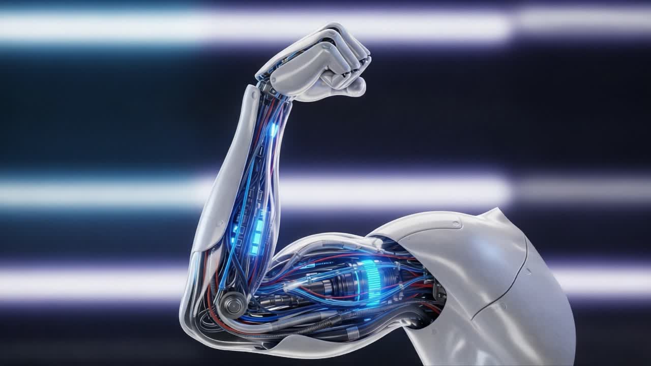 An Exquisite Depiction of a Robotic Arm Exhibiting Strength with Illuminated Circuits and Mechanical Precision, Capturing the Essence of Modern Technology and Innovation