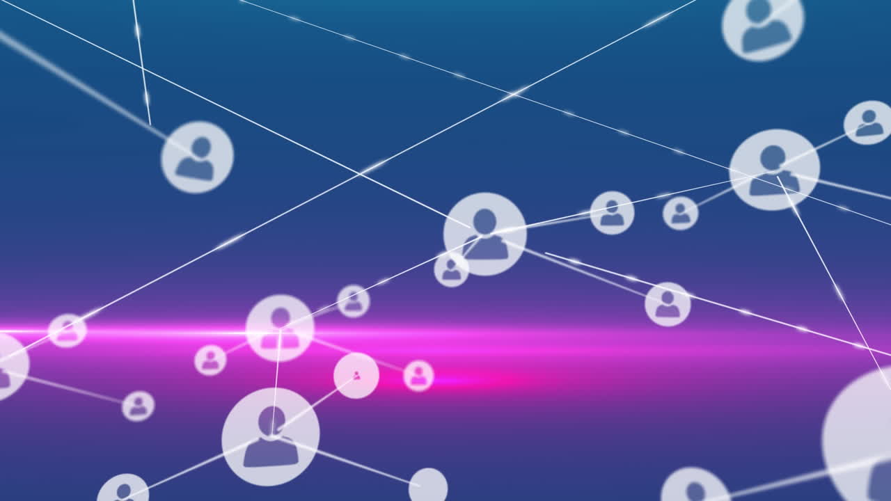 animación de la red de conexiones con iconos sobre senderos de luz sobre fondo azul