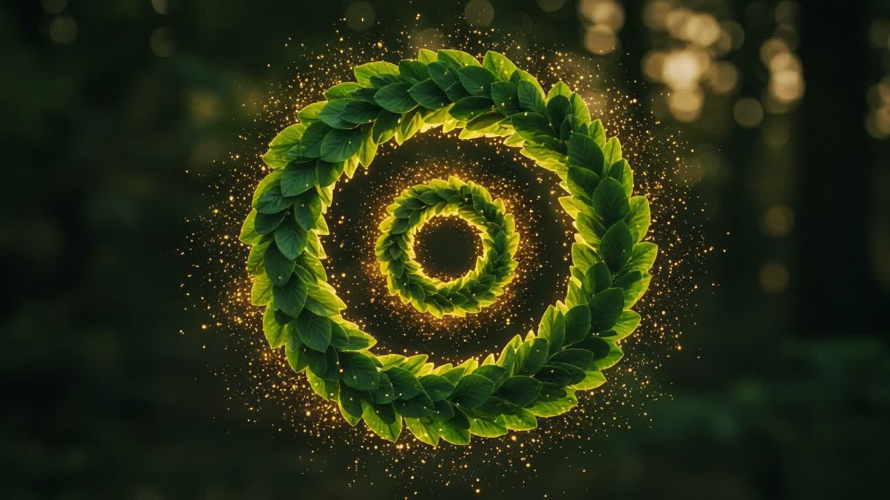A Captivating Visualization of Natural Harmony: An Enchanting Spiral of Leaves Illuminated with Glowing Particles in a Serene Forest Setting
