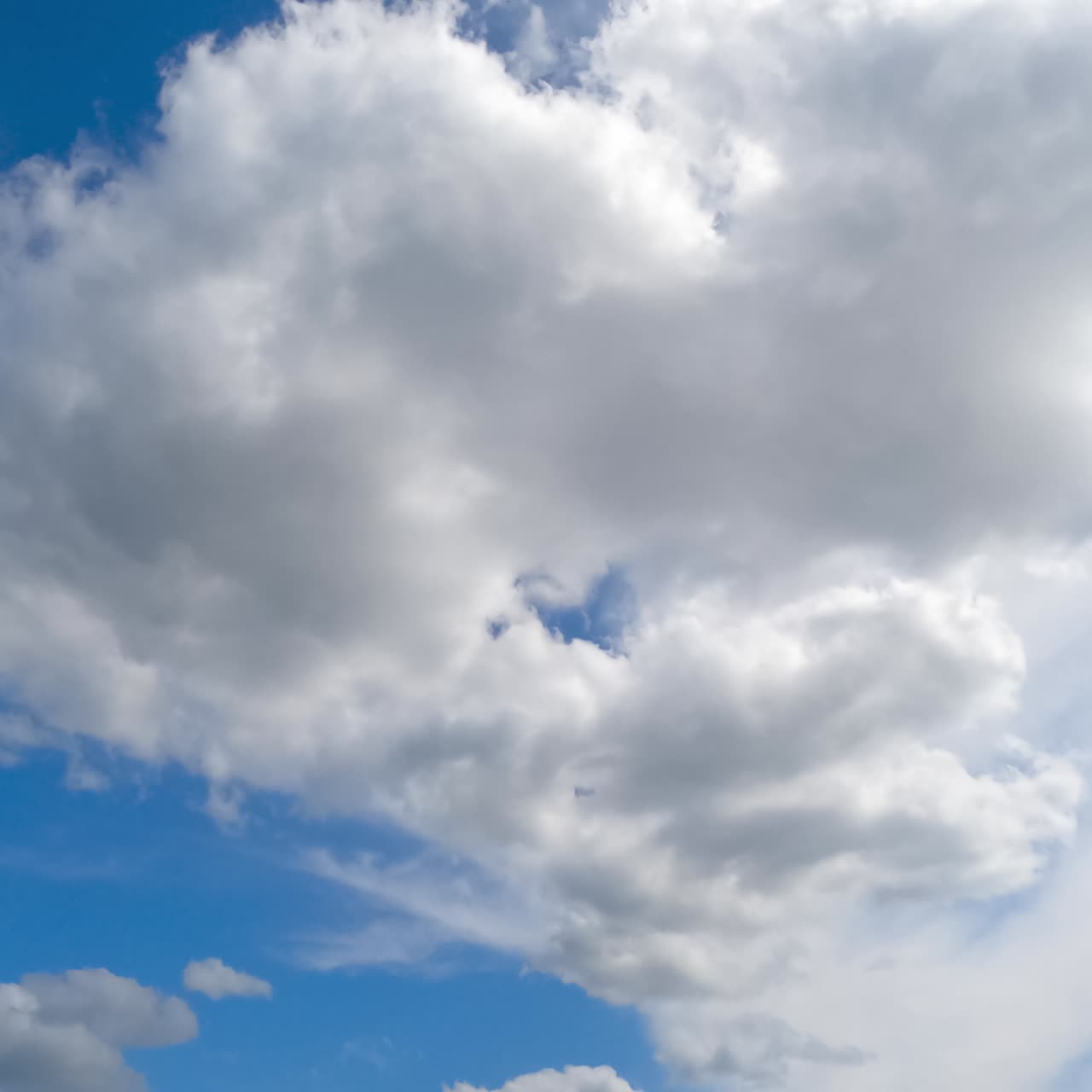Sunny day clear skies covered with white clouds lit with bright sun. Beautiful soft cloudscape low angle view. Timelapse
