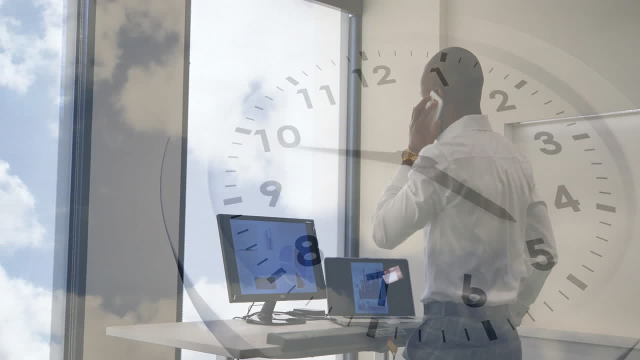 Talking on phone, businessman with clock animation in modern office setting