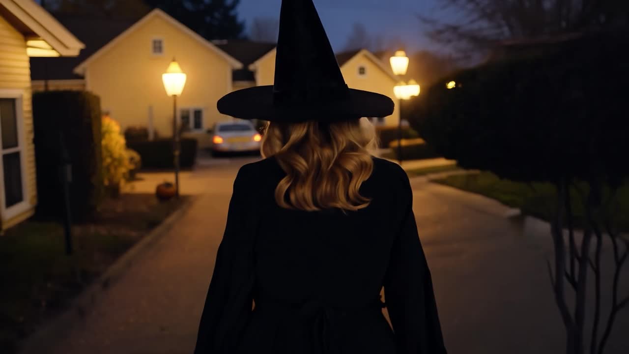 A woman in a witch costume walking down a street at night during Halloween